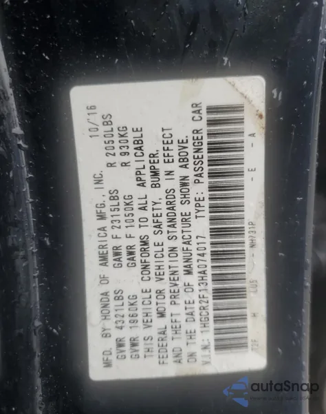 2017 Honda Accord Sport Se from USA, damaged, VIN 1HGCR2F13HA074017